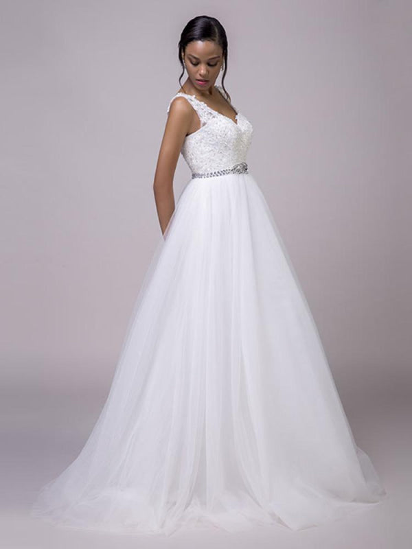 Fancy V-Neck Lace Up Sleeveless A Line Wedding Dresses