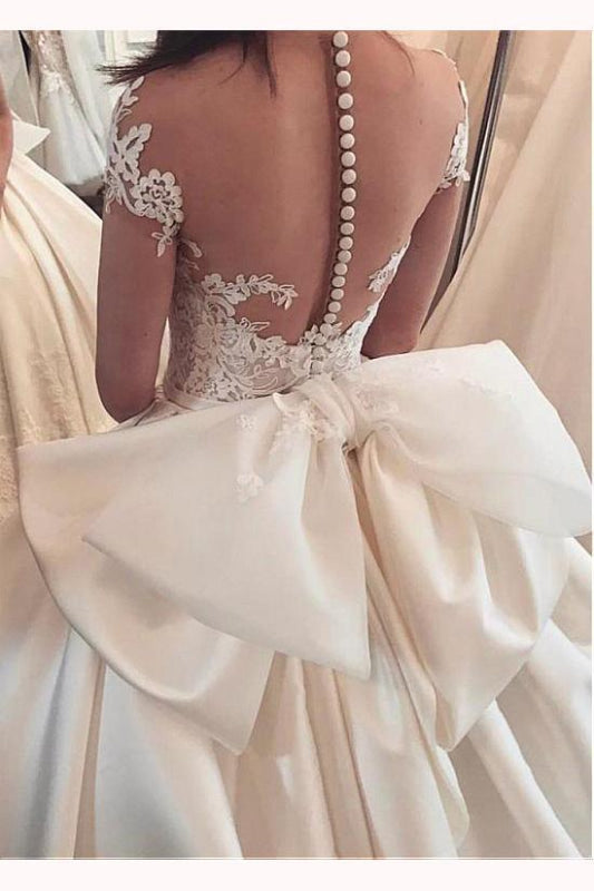 Fascinating Satin Sheer Neckline Ball Gown Appliques Bowknot Wedding Dress
