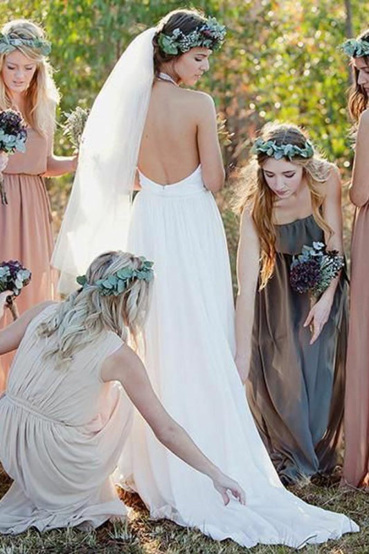Fashion A-line Halter Sleeveless Backless Chiffon Beach Wedding Dress
