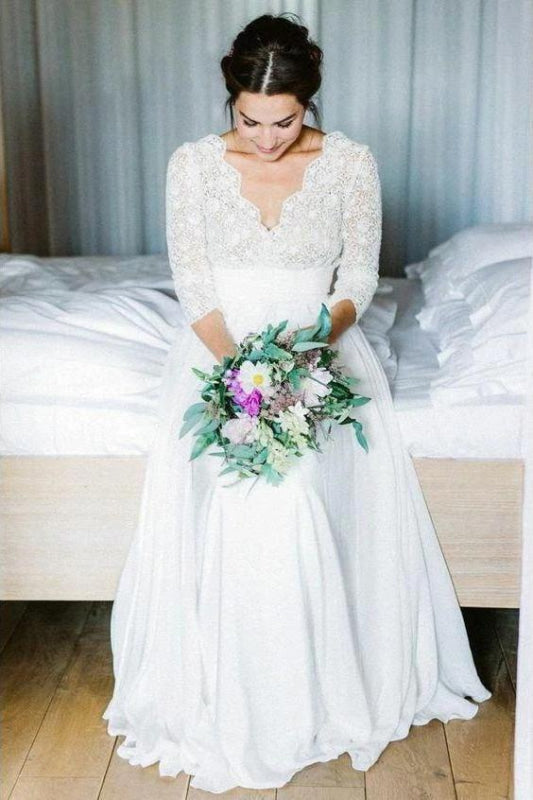 Half Sleeves Chiffon Beach Lace Backless Wedding Dress Aline