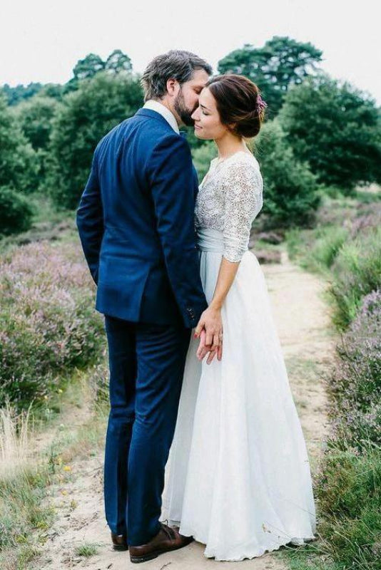 Half Sleeves Chiffon Beach Lace Backless Wedding Dress Aline