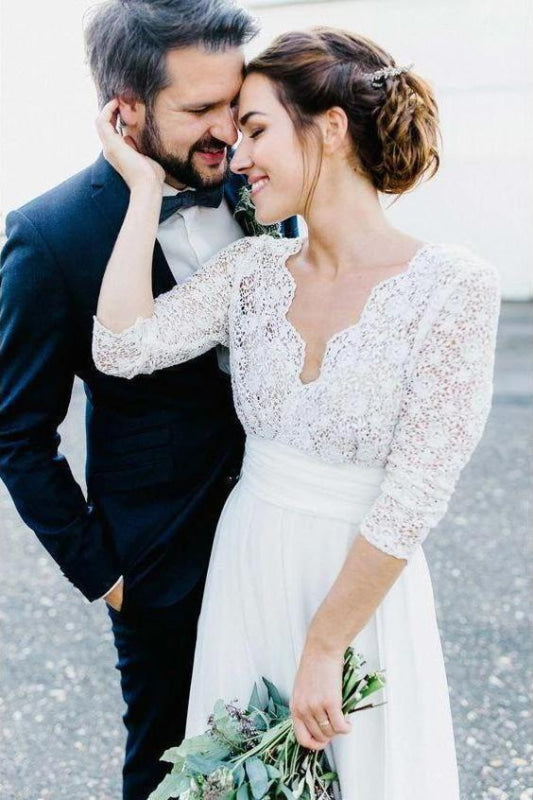 Half Sleeves Chiffon Beach Lace Backless Wedding Dress Aline
