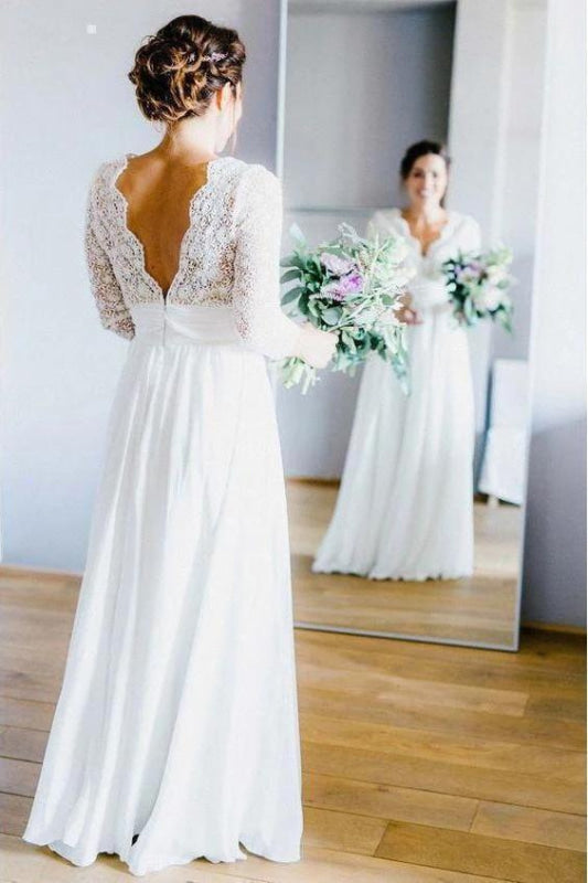 Half Sleeves Chiffon Beach Lace Backless Wedding Dress Aline