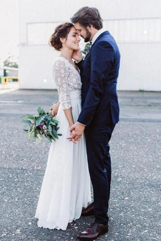 Half Sleeves Chiffon Beach Lace Backless Wedding Dress Aline