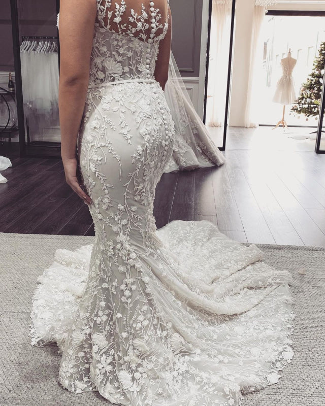 Floor-length Mermaid Wedding Dress with Elegant Off-the-Shoulder Backless Design and Appliques Lace