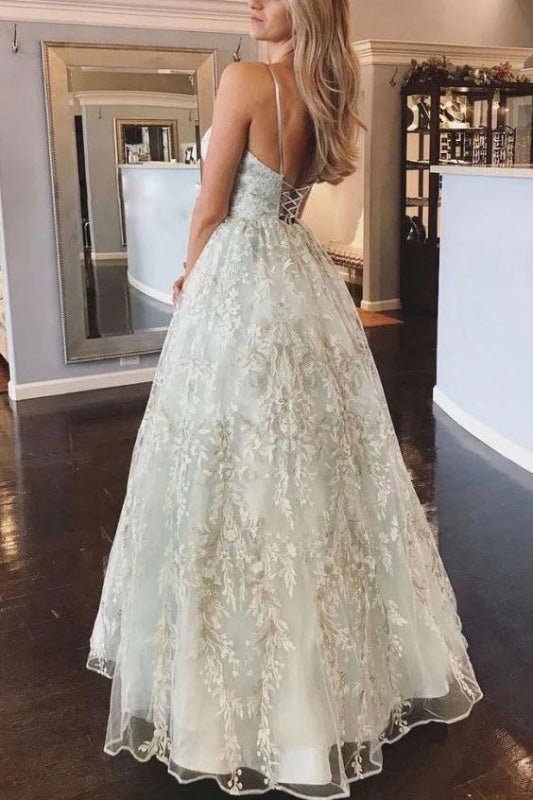 Floor Length Spaghetti Straps Backless Beach Wedding Dress
