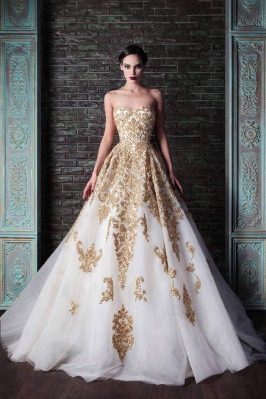 Floor Length Sweetheart Tulle Prom with Gold Beading Long Wedding Dress