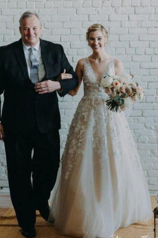 Floor Length V Neck Lace Applique Beach Puffy Tulle Wedding Dress
