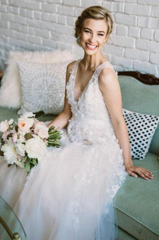 Floor Length V Neck Lace Applique Beach Puffy Tulle Wedding Dress