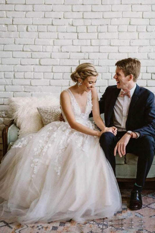 Floor Length V Neck Lace Applique Beach Puffy Tulle Wedding Dress