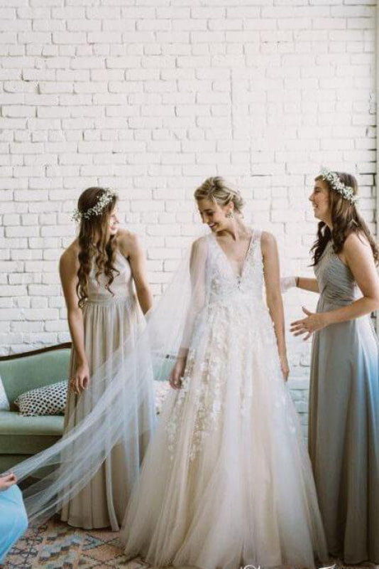 Floor Length V Neck Lace Applique Beach Puffy Tulle Wedding Dress