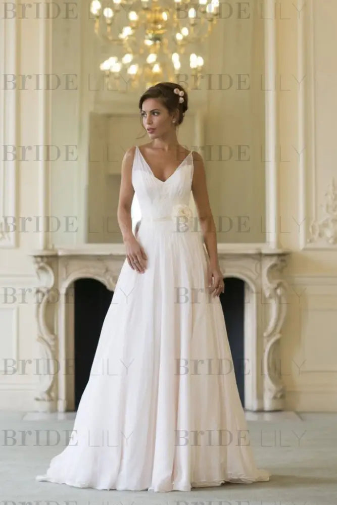 V-Neck Chiffon Beach Wedding Dress with Flowers Boho Bridal Dress