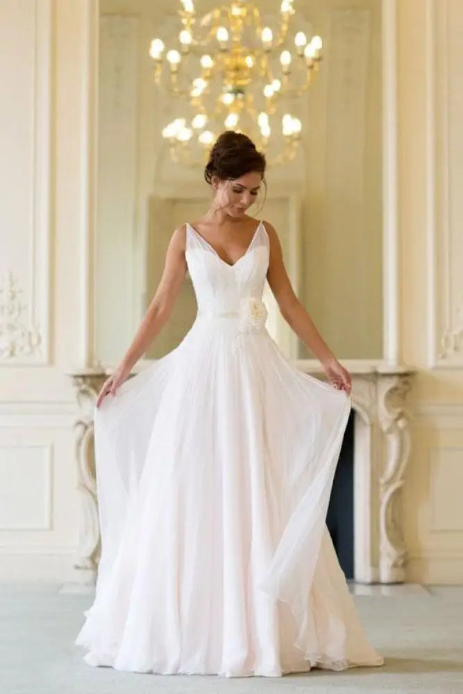 V-Neck Chiffon Beach Wedding Dress with Flowers Boho Bridal Dress