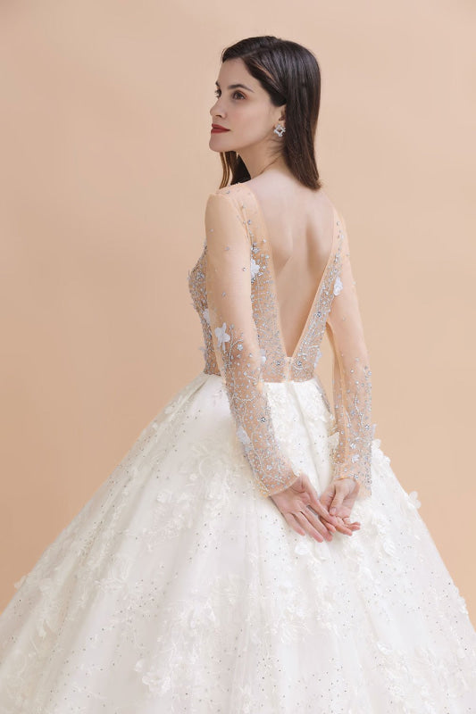 Floral Jewel Crystal Beads Long Sleeve Sheer Tulle Ball Gown Wedding Dress