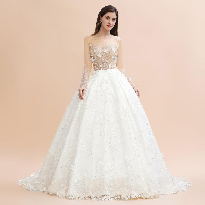 Floral Jewel Crystal Beads Long Sleeve Sheer Tulle Ball Gown Wedding Dress