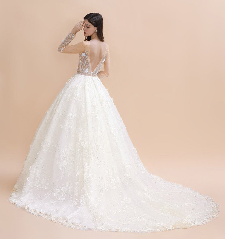 Floral Jewel Crystal Beads Long Sleeve Sheer Tulle Ball Gown Wedding Dress