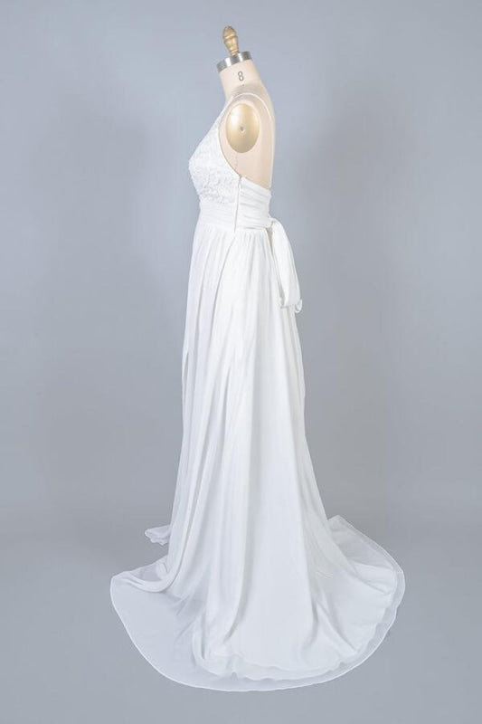 Front Slit Lace Chiffon Sheath Wedding Dress