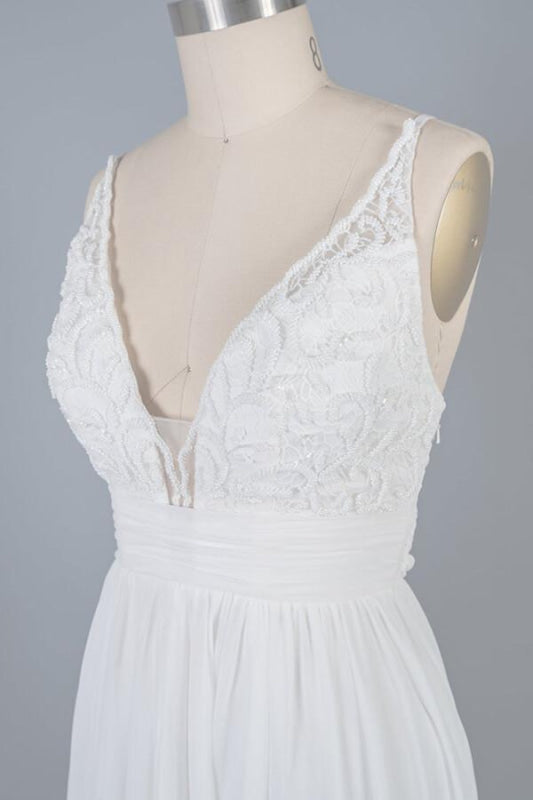 Front Slit Lace Chiffon Sheath Wedding Dress
