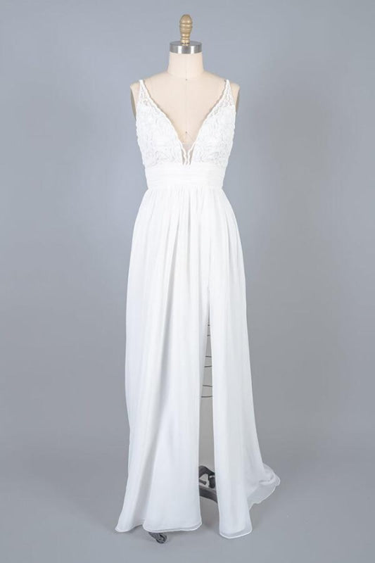 Front Slit Lace Chiffon Sheath Wedding Dress