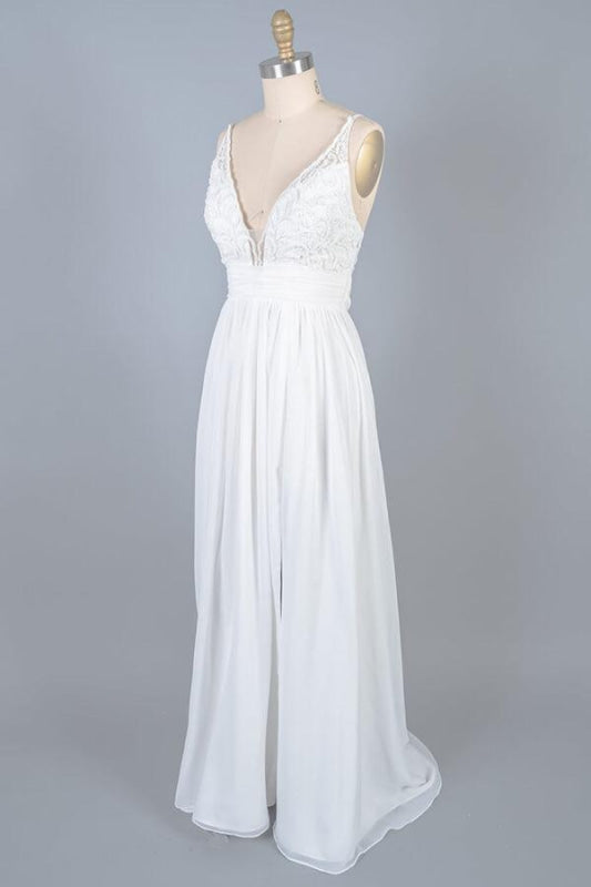 Front Slit Lace Chiffon Sheath Wedding Dress
