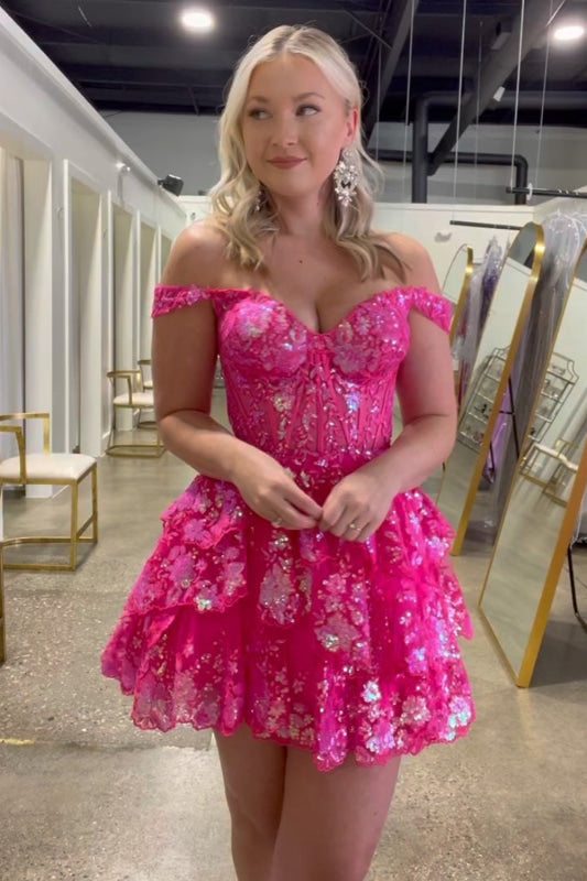 Fuchsia Floral Lace A-Line Short Homecoming Dress