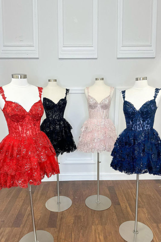 Fuchsia Floral Lace A-Line Short Homecoming Dress