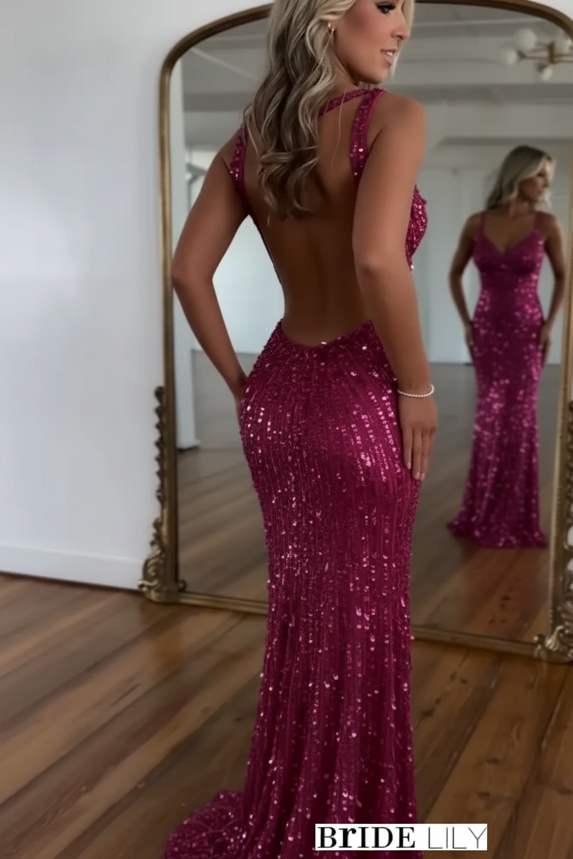 Glitter Sequins Sleeveless V Neck Prom Dress Long with Split