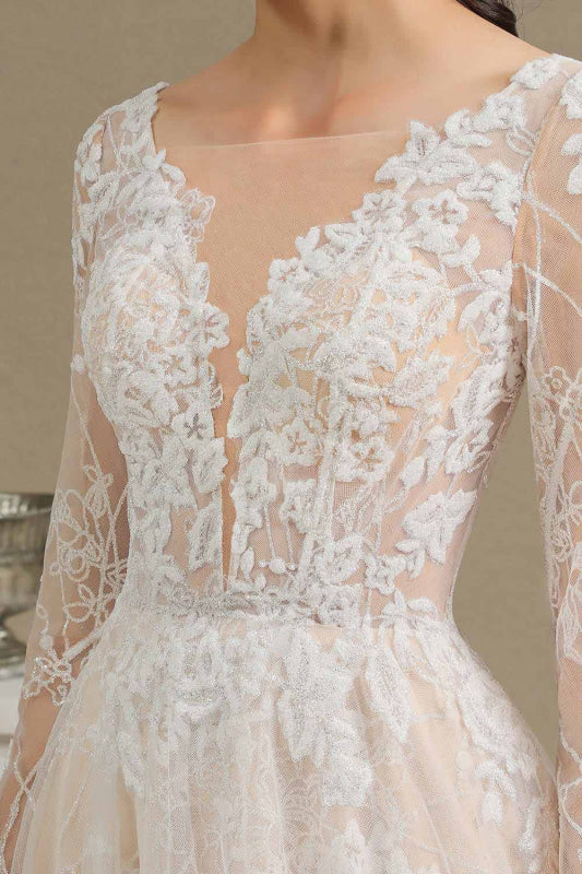 Gergrous Long Sleeve Lace Rulle Tulle A-line Wedding Dress