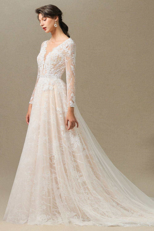 Gergrous Long Sleeve Lace Rulle Tulle A-line Wedding Dress