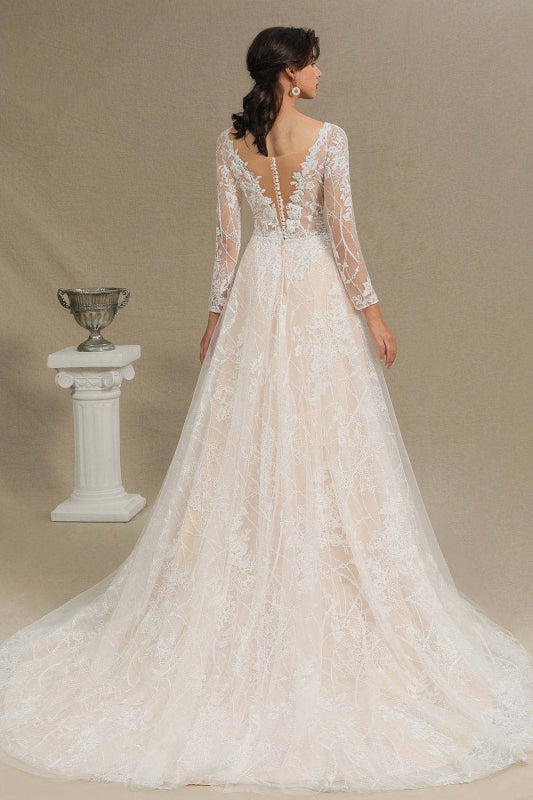 Gergrous Long Sleeve Lace Rulle Tulle A-line Wedding Dress