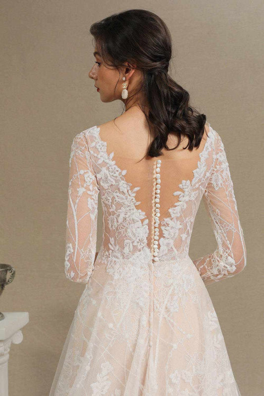 Gergrous Long Sleeve Lace Rulle Tulle A-line Wedding Dress