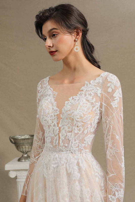 Gergrous Long Sleeve Lace Rulle Tulle A-line Wedding Dress