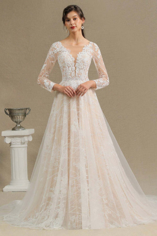 Gergrous Long Sleeve Lace Rulle Tulle A-line Wedding Dress
