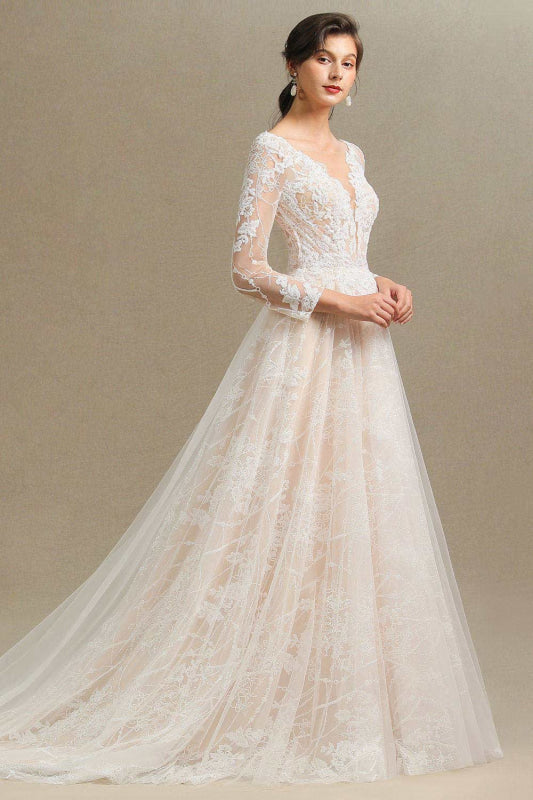 Gergrous Long Sleeve Lace Rulle Tulle A-line Wedding Dress