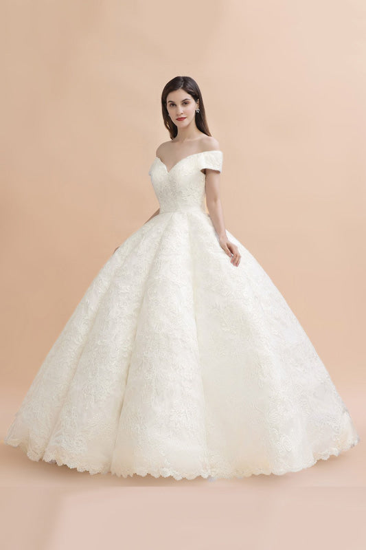 Gergrous Off The Shoulder Lace Beads Ball Gown Wedding Dress