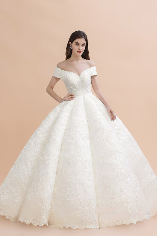 Gergrous Off The Shoulder Lace Beads Ball Gown Wedding Dress
