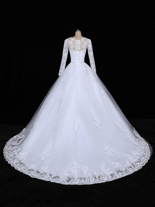Glamorous Long Sleeves Lace Applique Tulle Wedding Dresses 24478211