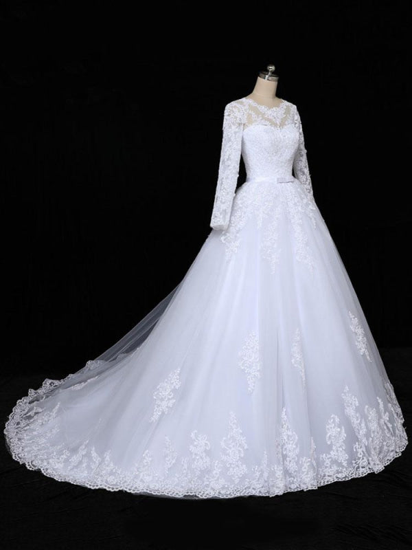 Glamorous Long Sleeves Lace Applique Tulle Wedding Dresses 24478211