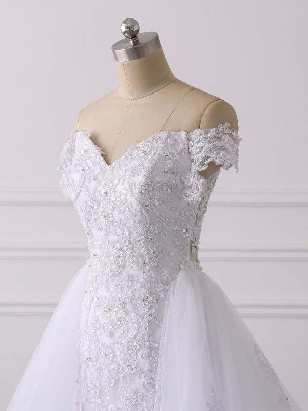 Glamorous Off-the-Shoulder Lace Tulle Mermaid Wedding Dresses