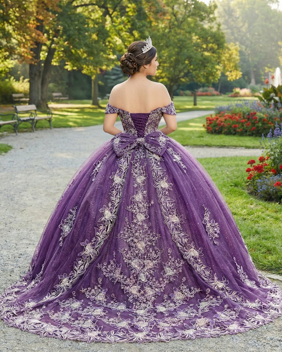 Quinceanera Dress Glamorous Purple Floral Lace Off-the-Shoulder
