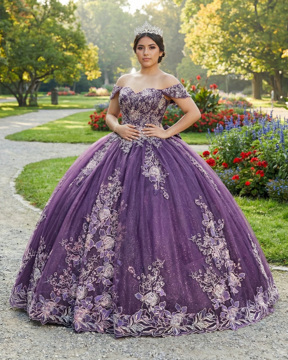 Quinceanera Dress Glamorous Purple Floral Lace Off-the-Shoulder