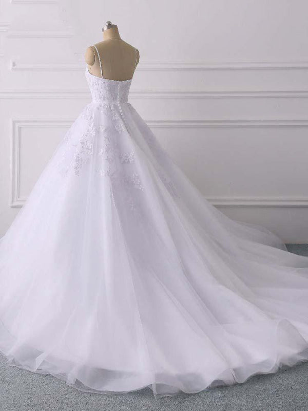 Glamorous Spaghetti Straps V-Neck Tulle Wedding Dresses