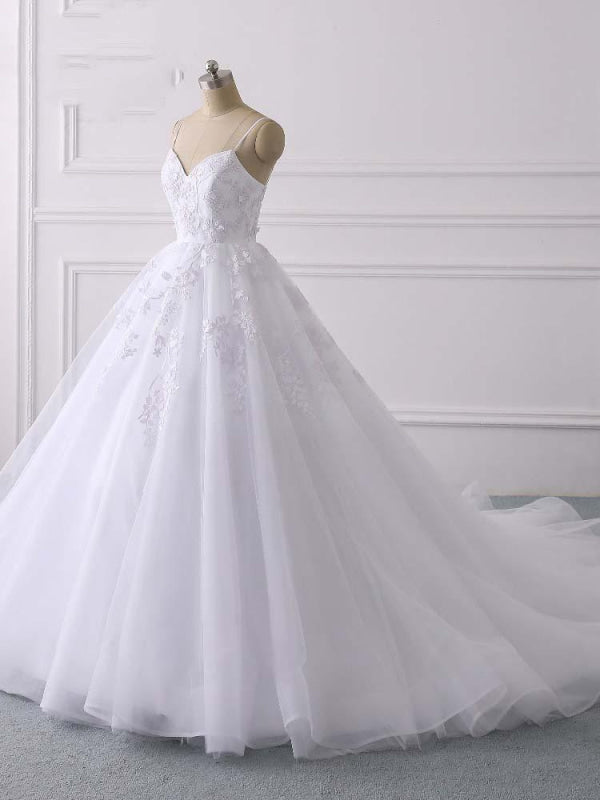 Glamorous Spaghetti Straps V-Neck Tulle Wedding Dresses