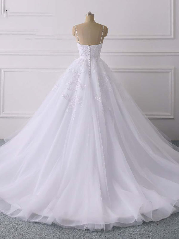 Glamorous Spaghetti Straps V-Neck Tulle Wedding Dresses