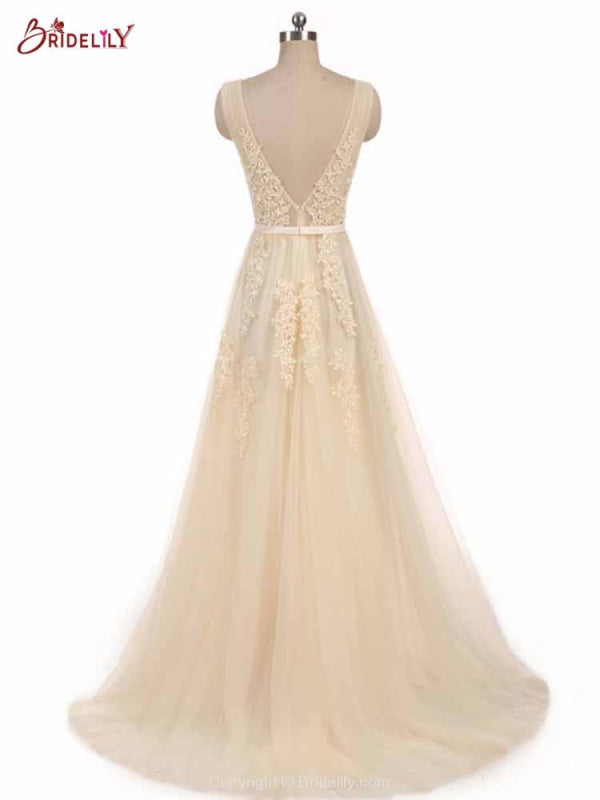 Glamorous V-Neck Lace Ribbon A-line Wedding Dresses