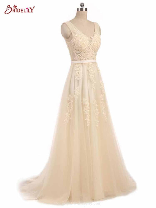 Glamorous V-Neck Lace Ribbon A-line Wedding Dresses