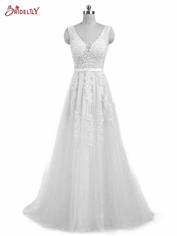 Glamorous V-Neck Lace Ribbon A-line Wedding Dresses