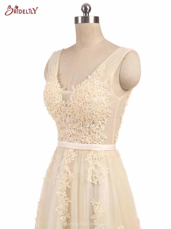 Glamorous V-Neck Lace Ribbon A-line Wedding Dresses