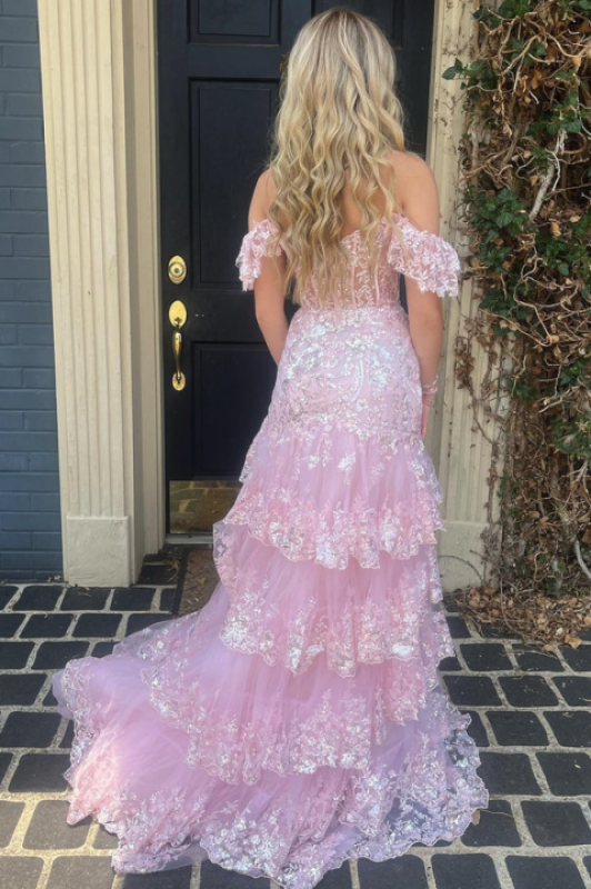 Glitter Sequins Off-the-shoulder Tulle Split Front Corset A-Line Evening Dresses