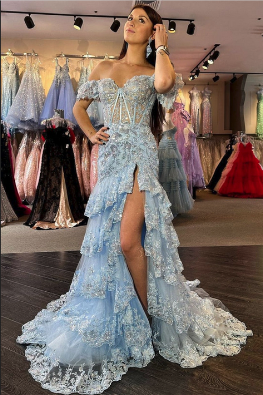 Glitter Sequins Off-the-shoulder Tulle Split Front Corset A-Line Evening Dresses